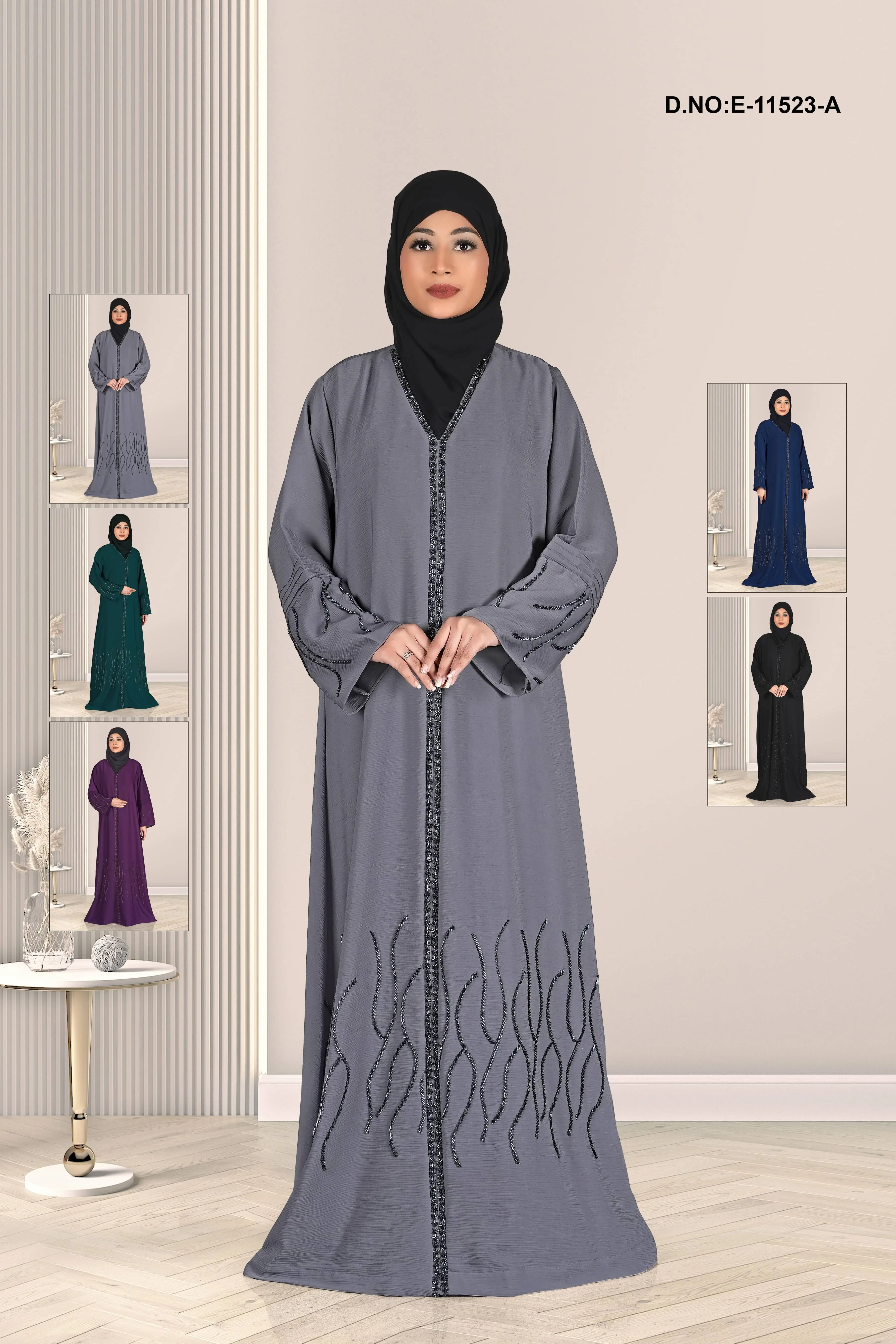 Elegant Wave Embroidered Front Open Abaya
